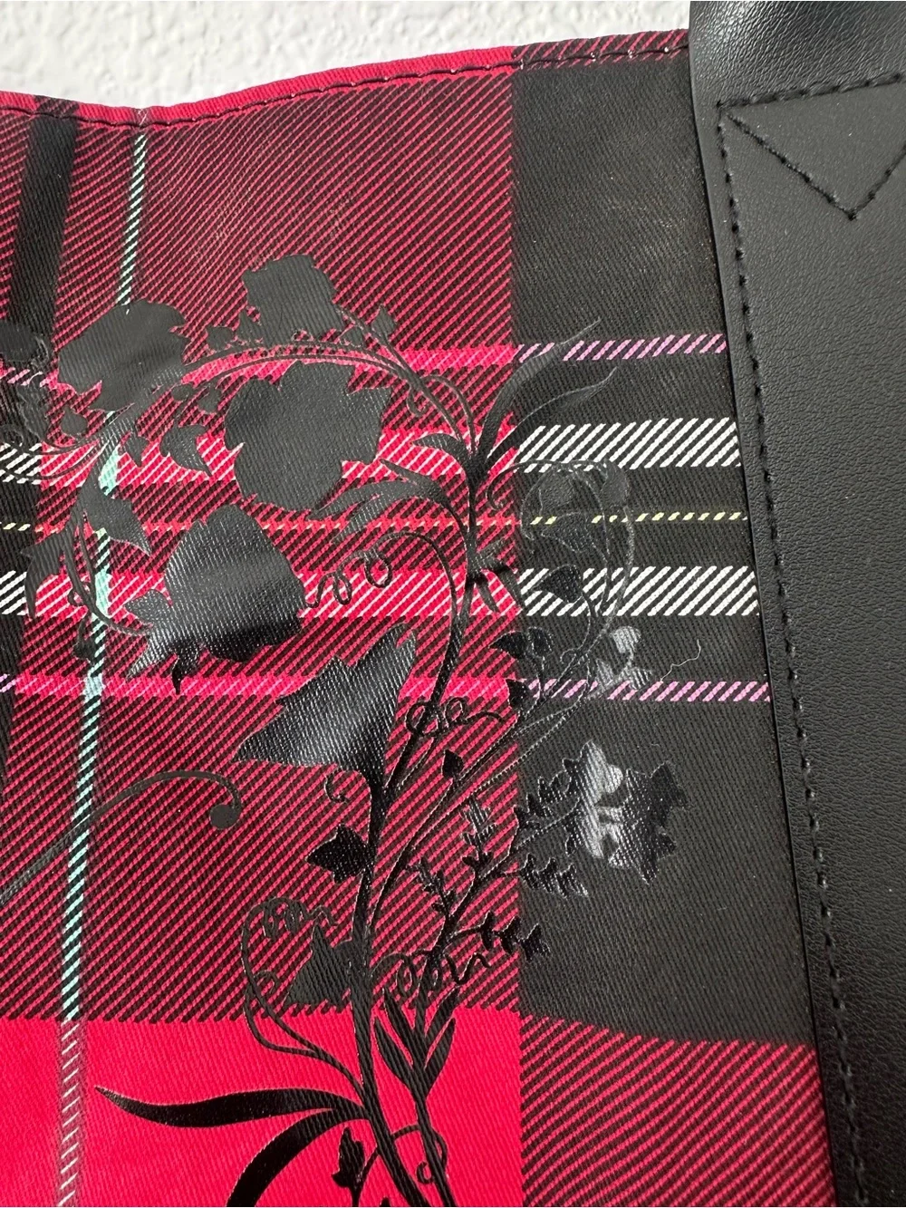 Victoria's Secret Red and Black Plaid Tote with Floral Accent